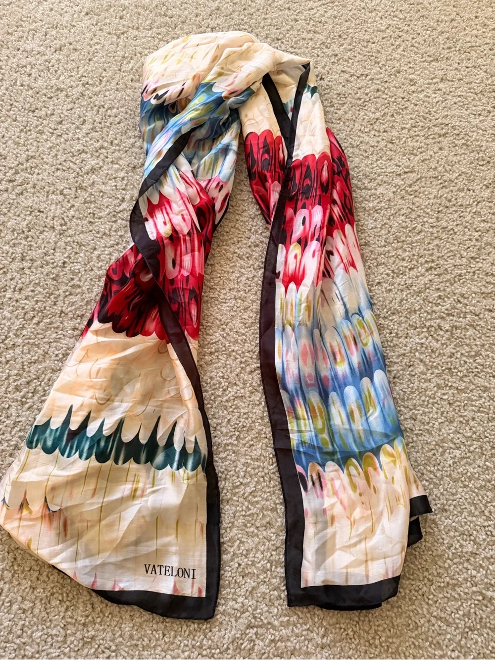 VATELONI Feather Print Silk Scarf in Red, Blue, Green, Cream